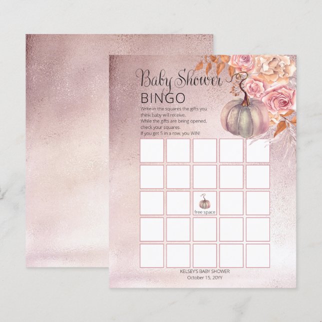 A Little Pumpkin Is Blooming Pink Baby Bingo Card (Front/Back)