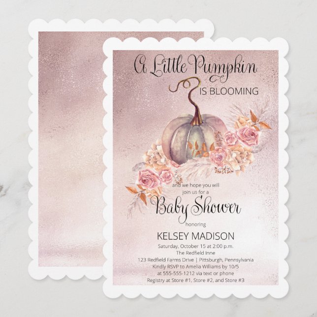 A Little Pumpkin Is Blooming Pink Baby Shower Invitation (Front/Back)