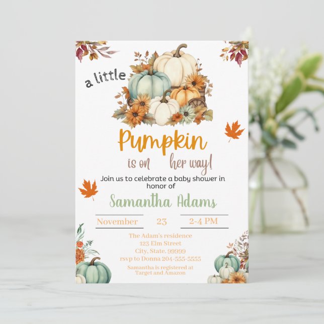 A Little Pumpkin is on her Way Baby Shower   Invitation (Standing Front)