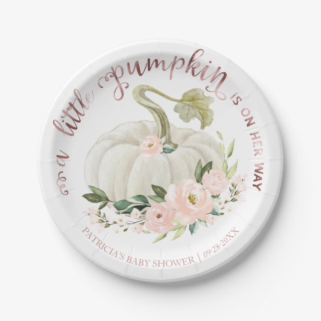 A Little Pumpkin is on her Way Baby Shower Paper Plate (Front)