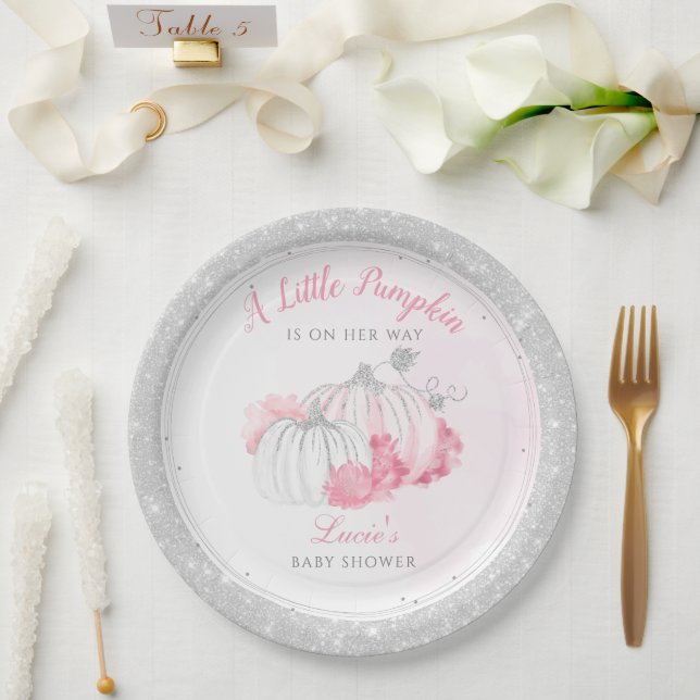 A Little Pumpkin Is on Her Way Elegant Baby Shower Paper Plate (Wedding)