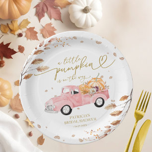 A Little Pumpkin Is On Her Way Pink Truck Paper Plate