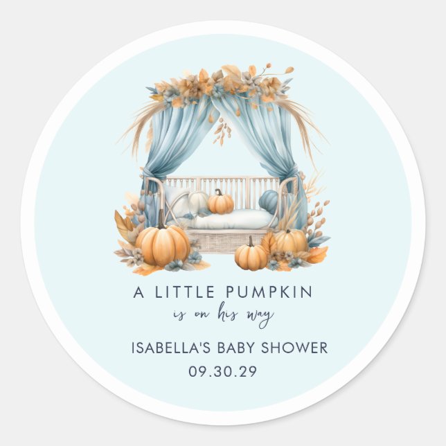 A Little Pumpkin Is On His Way Boy Baby Shower  Classic Round Sticker (Front)