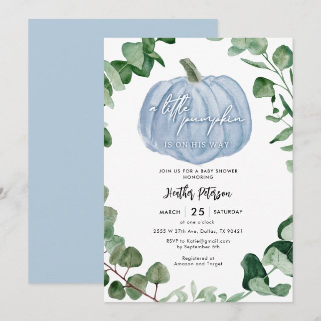 A Little Pumpkin Is On His Way Boy Baby Shower Invitation (Front/Back)