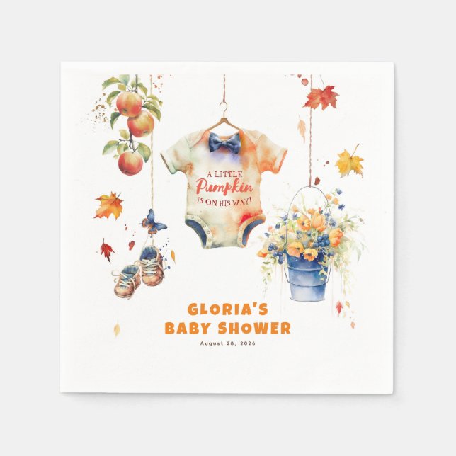 A Little Pumpkin Is On His Way Fall Baby Shower Napkin (Front)