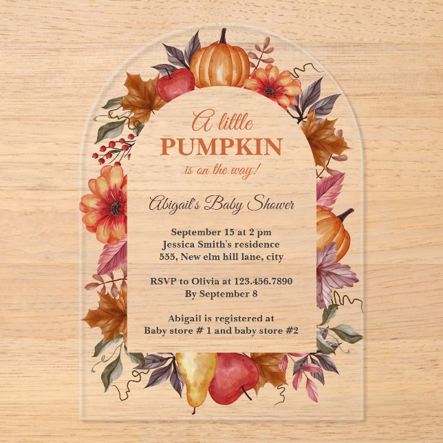 A Little Pumpkin Is On The Way Baby Shower  Acrylic Invitations (Front)