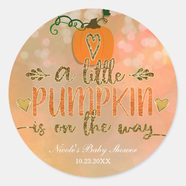 A little Pumpkin is on the Way Baby Shower Autumn Classic Round Sticker (Front)