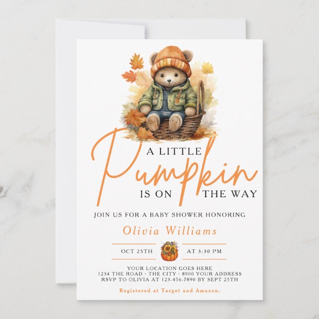 A Little Pumpkin is on the Way Bear Baby Shower Invitation (Front)
