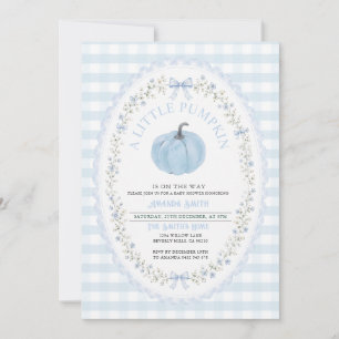 A Little Pumpkin Is On The Way Blue Baby Shower In Invitation