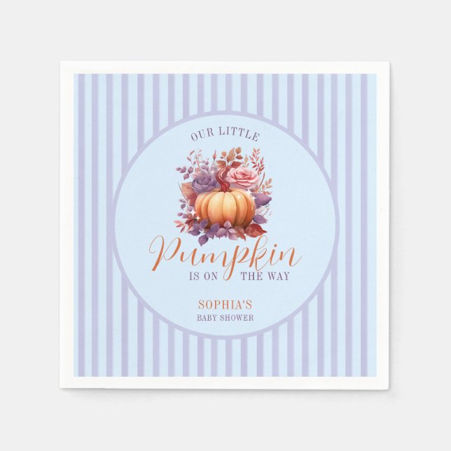 A Little Pumpkin Is On The Way Blue Baby Shower Napkin (Front)