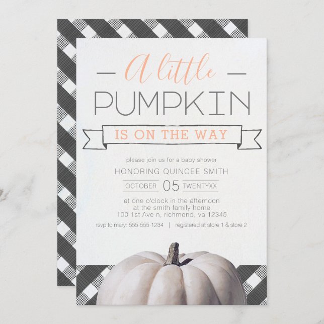 A Little Pumpkin is on the Way Buffalo Check Fall Invitation (Front/Back)