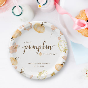A Little Pumpkin Is On The Way Cute Baby Shower Paper Plate