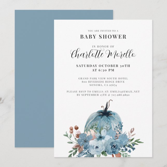 A Little Pumpkin Is On The Way Dusty Blue Autumn I Invitation (Front/Back)