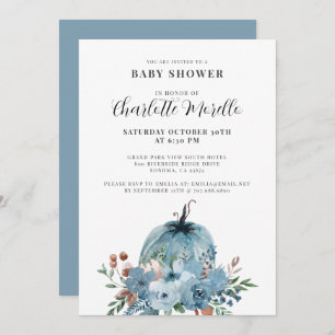 A Little Pumpkin Is On The Way Dusty Blue Autumn I Invitation