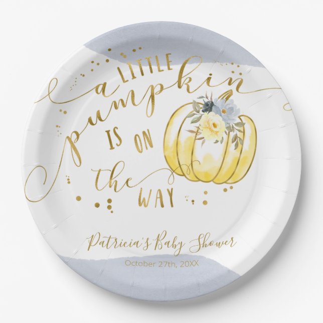 A Little Pumpkin Is On The Way Elegant Baby Shower Paper Plate (Front)