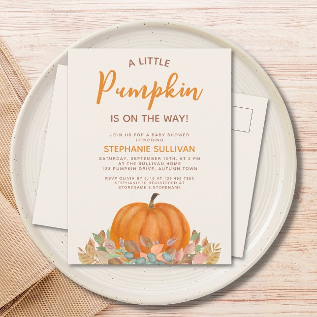 A Little Pumpkin Is On The Way Fall Baby Shower Invitation Postcard (Creator Uploaded)