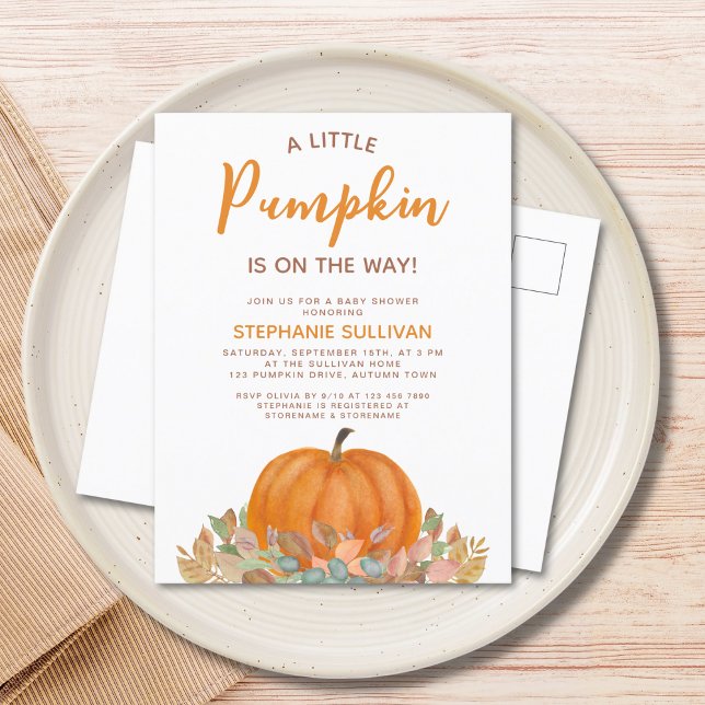 A Little Pumpkin Is On The Way Fall Baby Shower Invitation Postcard (Creator Uploaded)