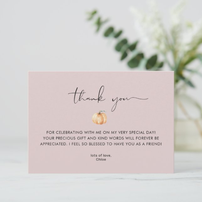 A Little Pumpkin Is On The Way Fall Baby Thank You Card (Standing Front)