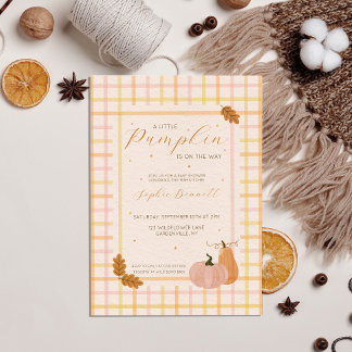 A Little Pumpkin Is On The Way Gingham Baby Shower Invitation