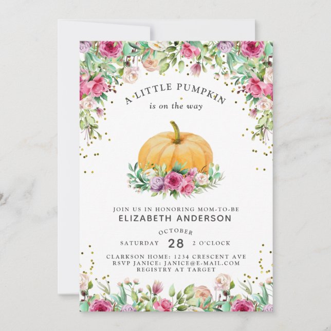 A Little Pumpkin Is On The Way Girly Floral Invitation (Front)