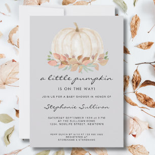 A Little Pumpkin Is On The Way Grey Baby Shower Invitation