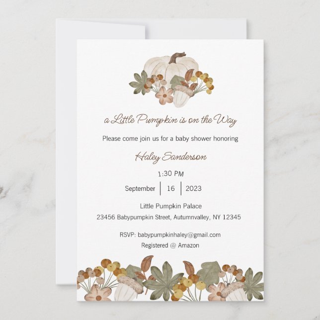 A Little Pumpkin is on the Way Invitation, Baby Invitation (Front)