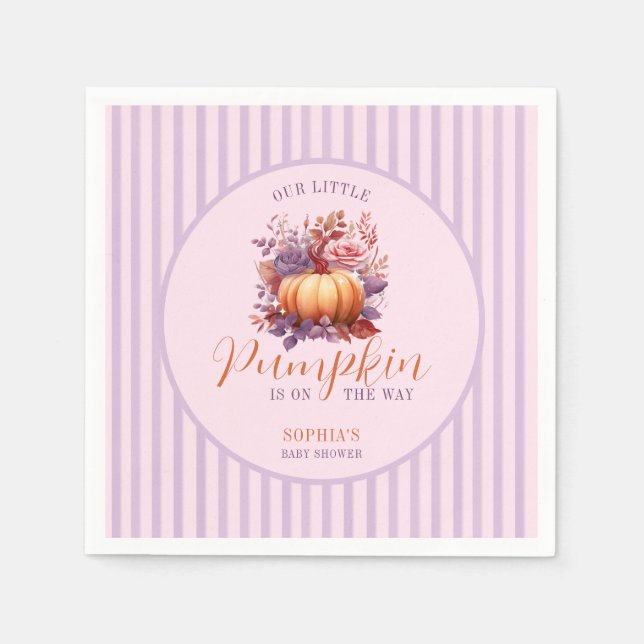 A Little Pumpkin Is On The Way Lilac Baby Shower Napkin (Front)