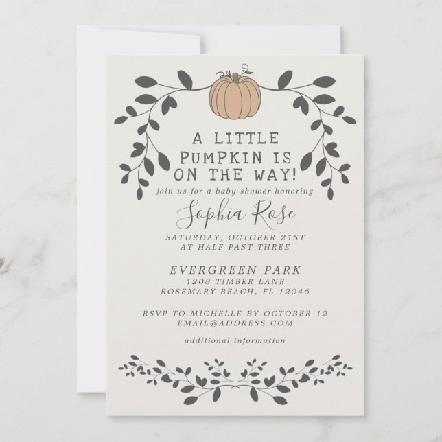 A little pumpkin is on the way neutral baby shower invitation (Front)