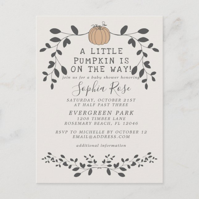 A little pumpkin is on the way neutral baby shower postcard (Front)
