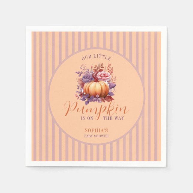 A Little Pumpkin Is On The Way Peach Baby Shower Napkin (Front)