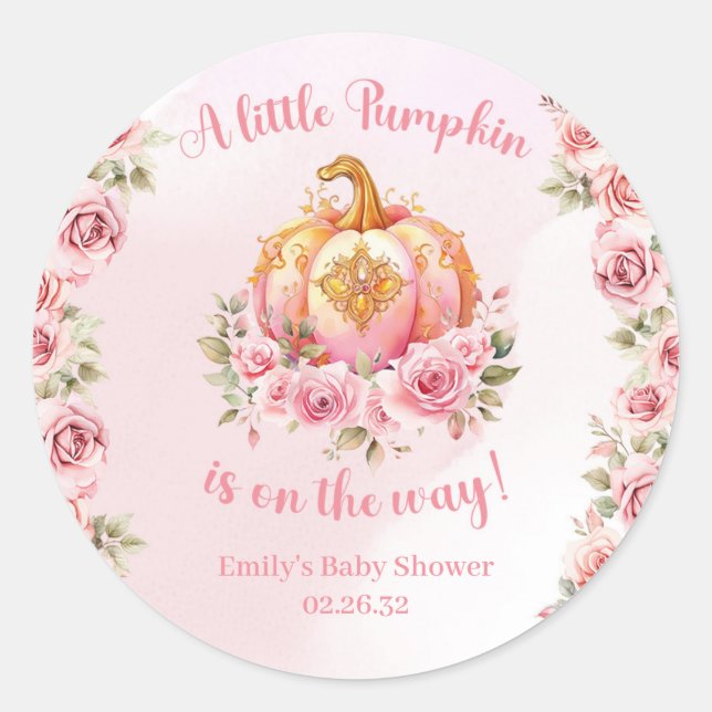 A little pumpkin is on the way pink and gold girl  classic round sticker (Front)