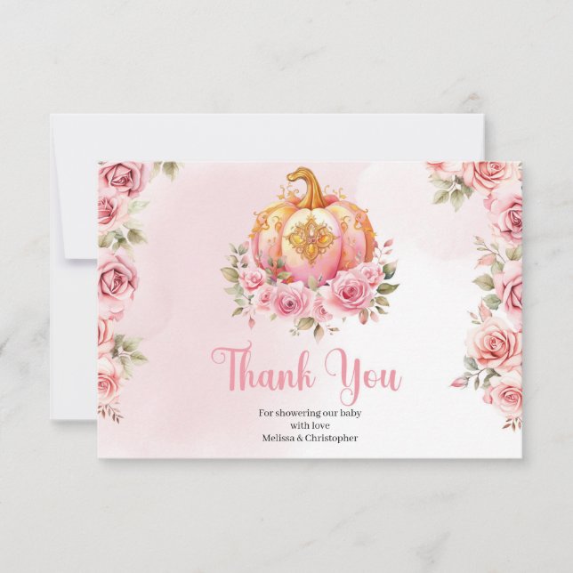  A little pumpkin is on the way pink and gold girl Thank You Card (Front)