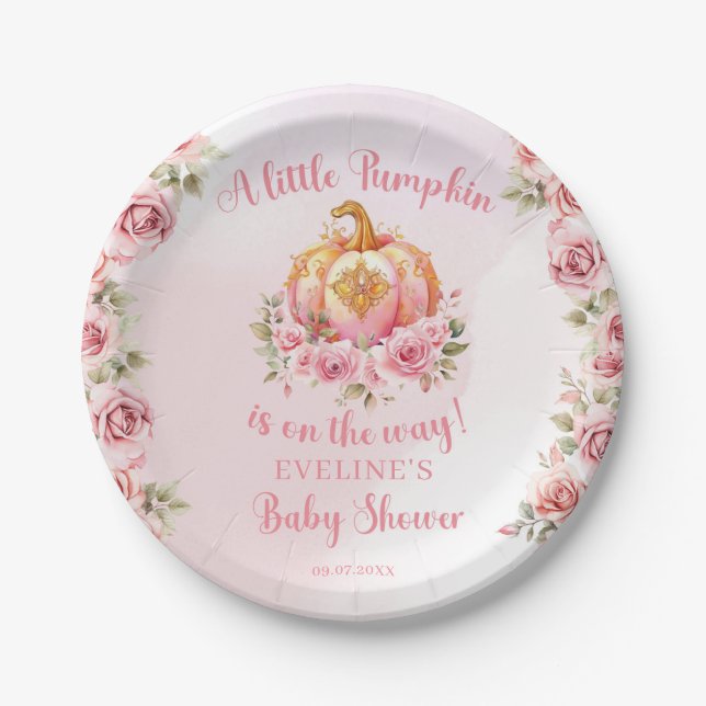 A little pumpkin is on the way pink baby shower paper plate (Front)