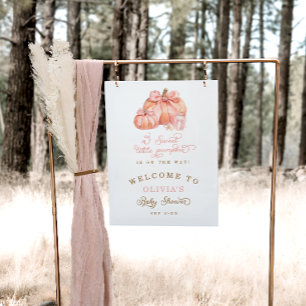 A Little Pumpkin Is On The Way Pink Bow Welcome Poster