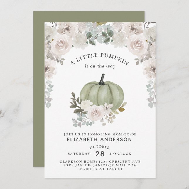 A Little Pumpkin Is On The Way Sage Floral Invitation (Front/Back)