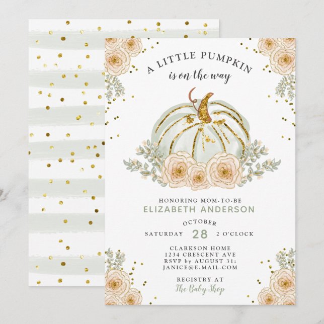 A Little Pumpkin Is On The Way Sweet Floral Mint Invitation (Front/Back)