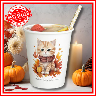 A Little Pumpkin Kitten Autumn Floral Baby Shower Paper Cups