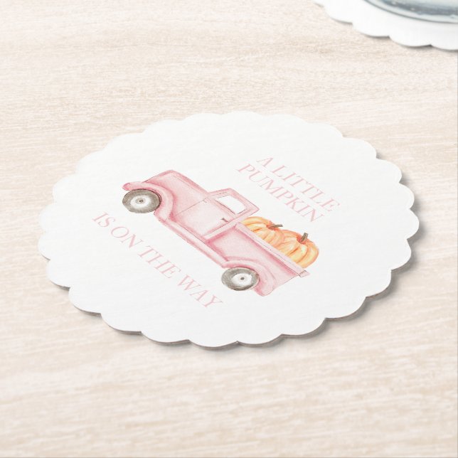 A Little Pumpkin light pink truck baby shower Paper Coaster (Angled)