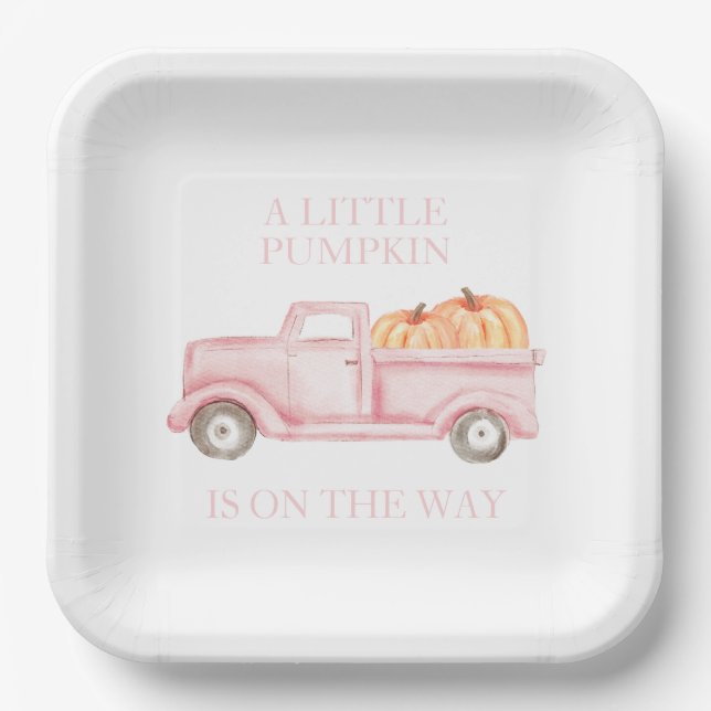 A Little Pumpkin light pink truck baby shower Paper Plate (Front)