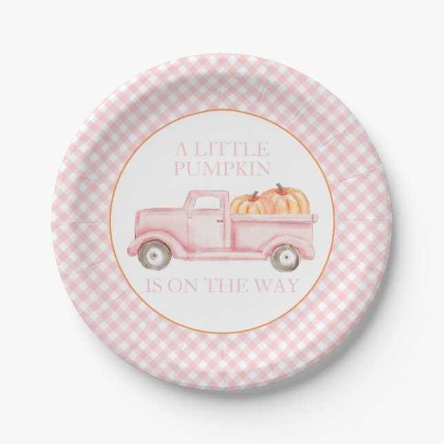 A Little Pumpkin light pink truck baby shower Paper Plate (Front)