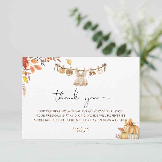 A Little Pumpkin On Her Way, Fall Boho Baby Shower Thank You Card (Standing Front)
