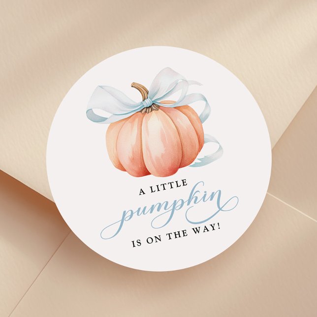 A Little Pumpkin on the Way Blue Bow Baby Shower Classic Round Sticker (Creator Uploaded)