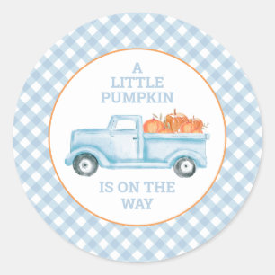 A Little Pumpkin on the way blue truck baby shower Classic Round Sticker