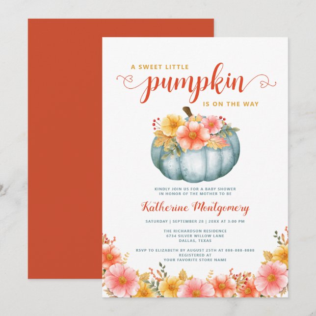 A Little Pumpkin Orange Autumn Floral Baby Shower Invitation (Front/Back)