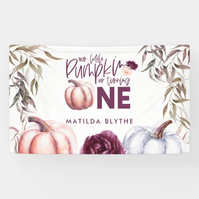 A little pumpkin purple floral fall birthday banne banner (Horizontal)
