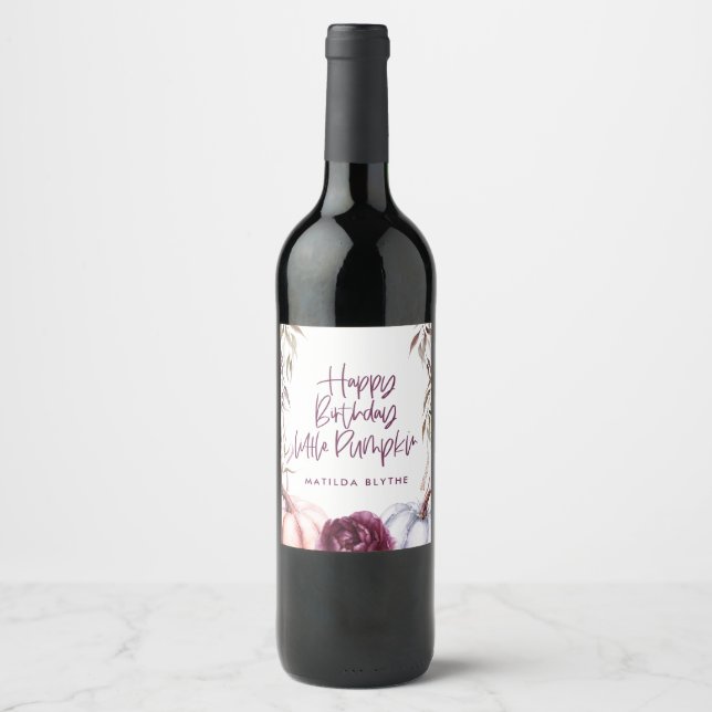 A little pumpkin purple floral fall birthday wine label (Front)