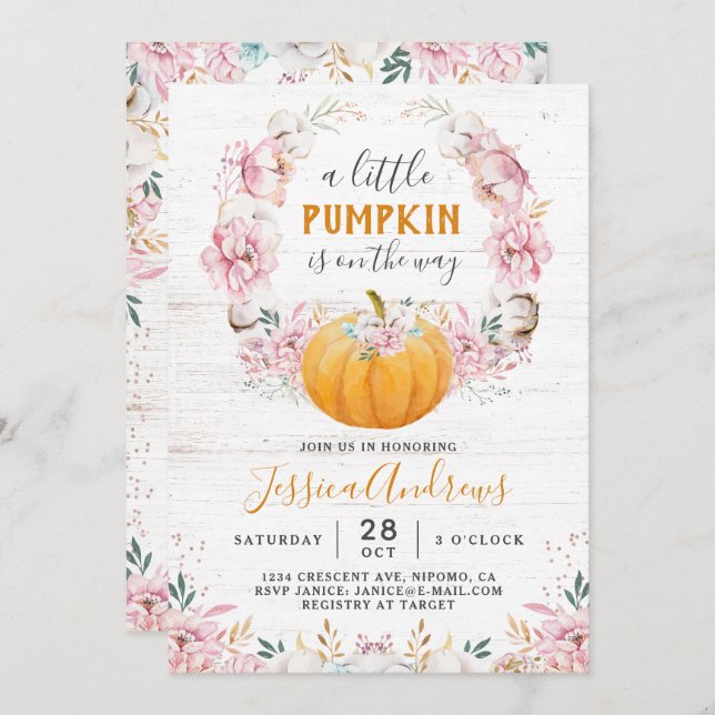 A Little Pumpkin Rustic Cotton Floral Invitation (Front/Back)