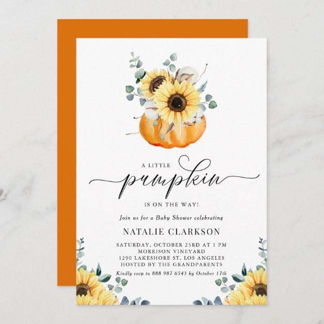 A Little Pumpkin Rustic Sunflower Fall Baby Shower Invitation (Front/Back)