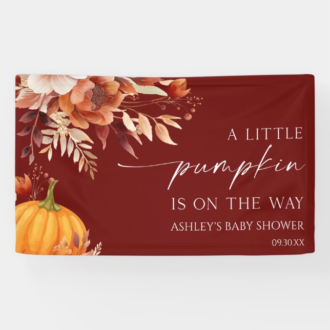 A Little Pumpkin Rusty Burgundy Floral Baby Shower Banner (Horizontal)
