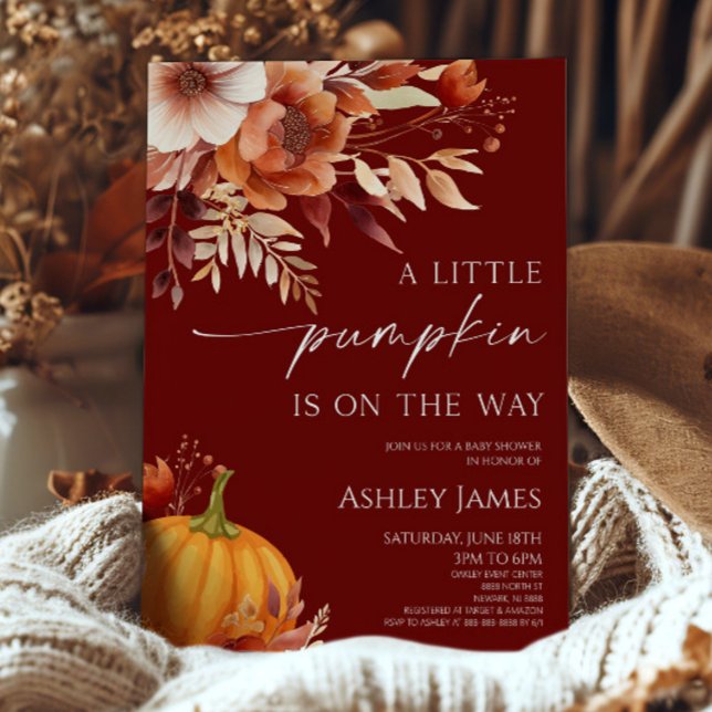 A Little Pumpkin Rusty Burgundy Floral Baby Shower Invitation (Creator Uploaded)